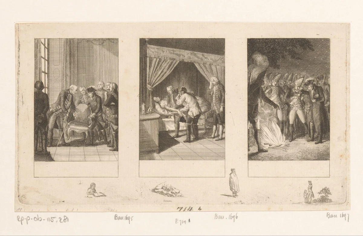 Drie voorstellingen uit de Anekdoten van Frederik de Grote by Daniel Nikolaus Chodowiecki, print, 1793