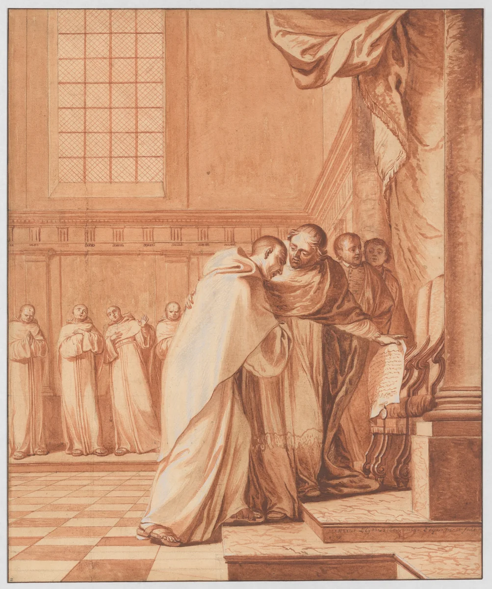 Scene 32: Supporters of the league pursue the Blessed Abbot to Rome; despite their calumnies his innocence is recognized by the pope himself, who order Cardinal Bellarmine to restore all his posts and honors by Matthieu Elias, drawing, 1707