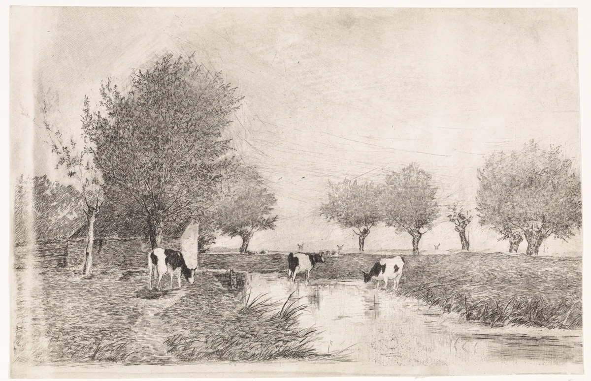 Landschap met drie koeien bij een sloot by Elias Stark, print, 1859-1890