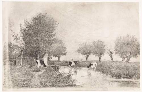 Landschap met drie koeien bij een sloot by Elias Stark, print, 1859-1890