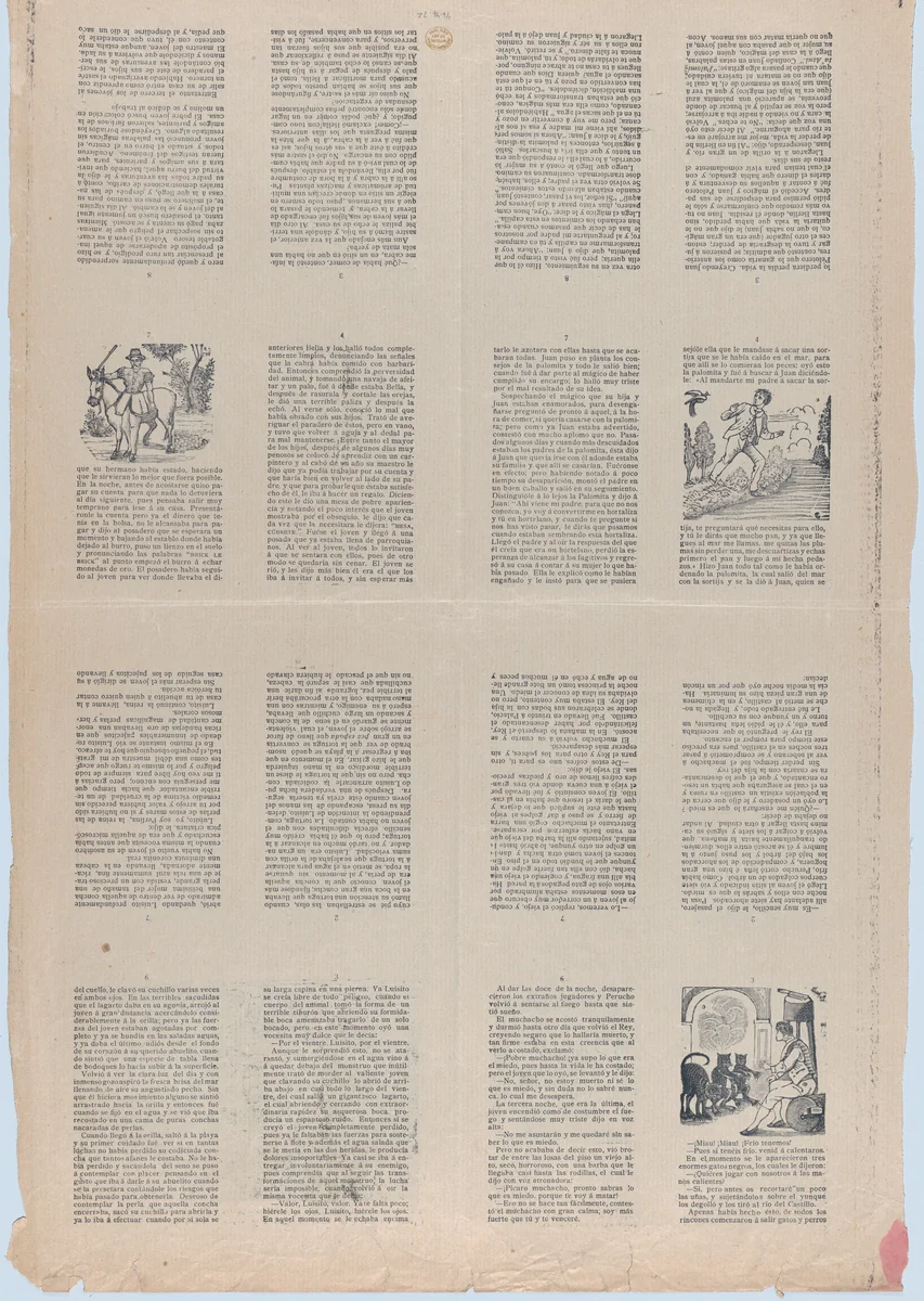 An uncut sheet printed on both sides with pages from "Perucho el Valeroso" and "Perlina la encantadora" by José Guadalupe Posada, print, 1895-1905