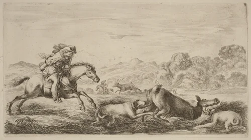 Doe in a Marsh Attacked by Two Dogs by Stefano della Bella, print, 1610-1664