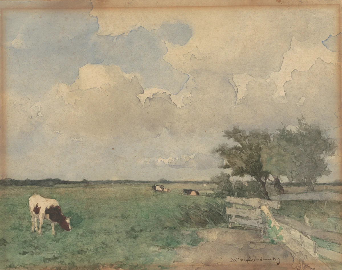Landscape with a Cow by Jan Hendrik Weissenbruch, drawing, 1860-1899