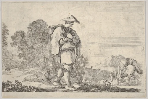 Plate 11: A peasant wearing a hat at center, walking towards the right, a horse descending a mountain to right in the background, trees to left in the background, from "Twelve Landscapes" (Suite de douze paysages) by Stefano della Bella, print, 1631-1641