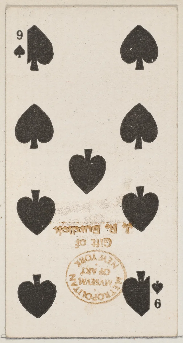 Nine Spades (black), from the Playing Cards series (N84) for Duke brand cigarettes by W. Duke, Sons & Co., print, 1888