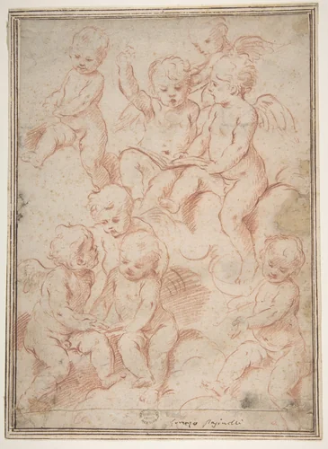 Winged Putti with Open Music Books by Lorenzo Pasinelli, drawing, 1629-1700