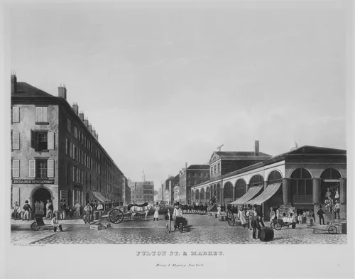 Fulton Street & Market, New York (The Bennett View of Fulton Street) by William James Bennett, print, 1834