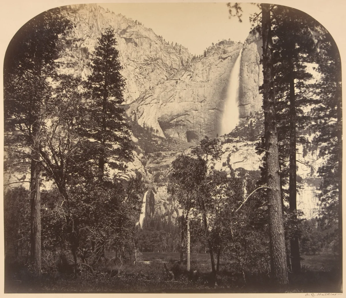Yosemite Fall. Down the Valley. 2637 Ft. by Carleton E. Watkins, photograph, 1861