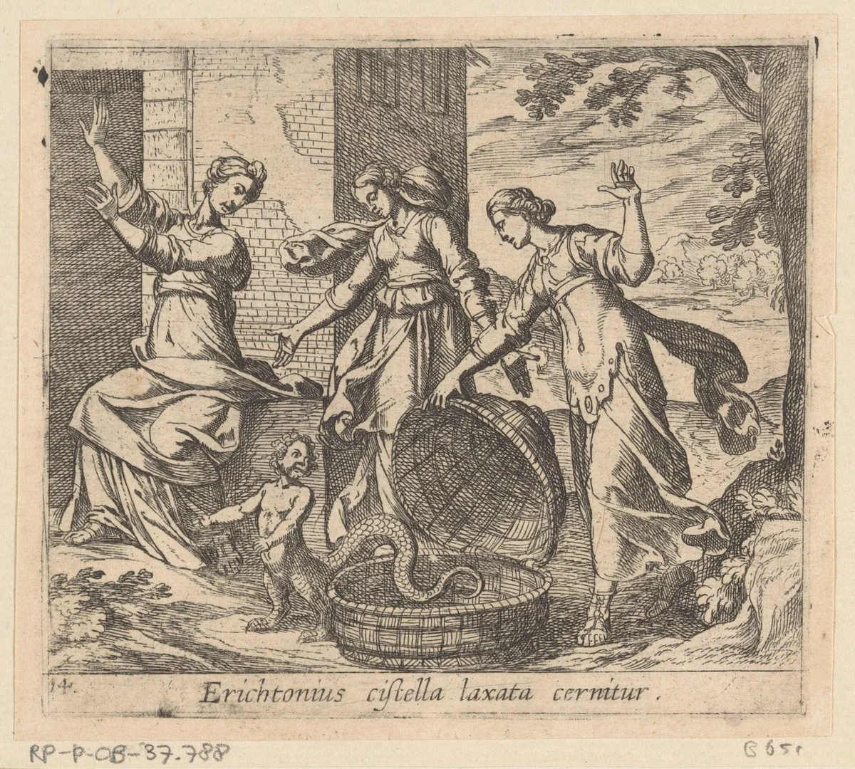 Erichthonius uit zijn mand gelaten by Antonio Tempesta, print, 1606