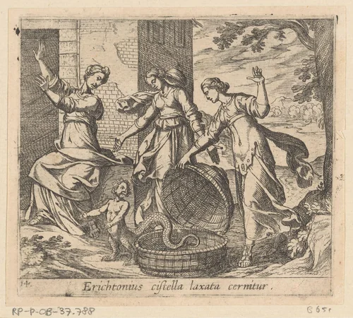 Erichthonius uit zijn mand gelaten by Antonio Tempesta, print, 1606