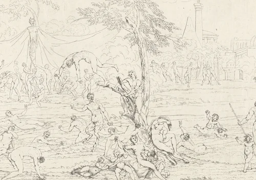 Badende nimfen en bacchanten by Gerard Melder, print, 1725