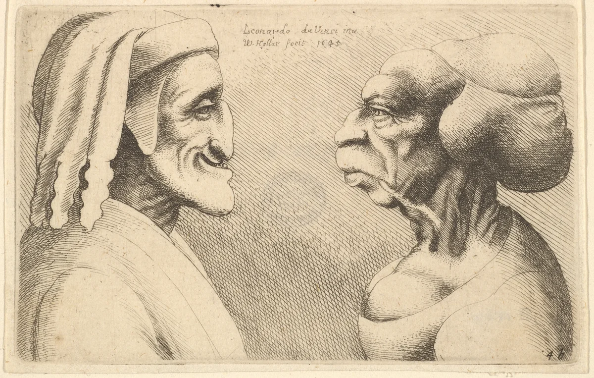 Two deformed heads (the figure on the left is possibly a caricature of Dante) by Wenceslaus Hollar, print, 1645