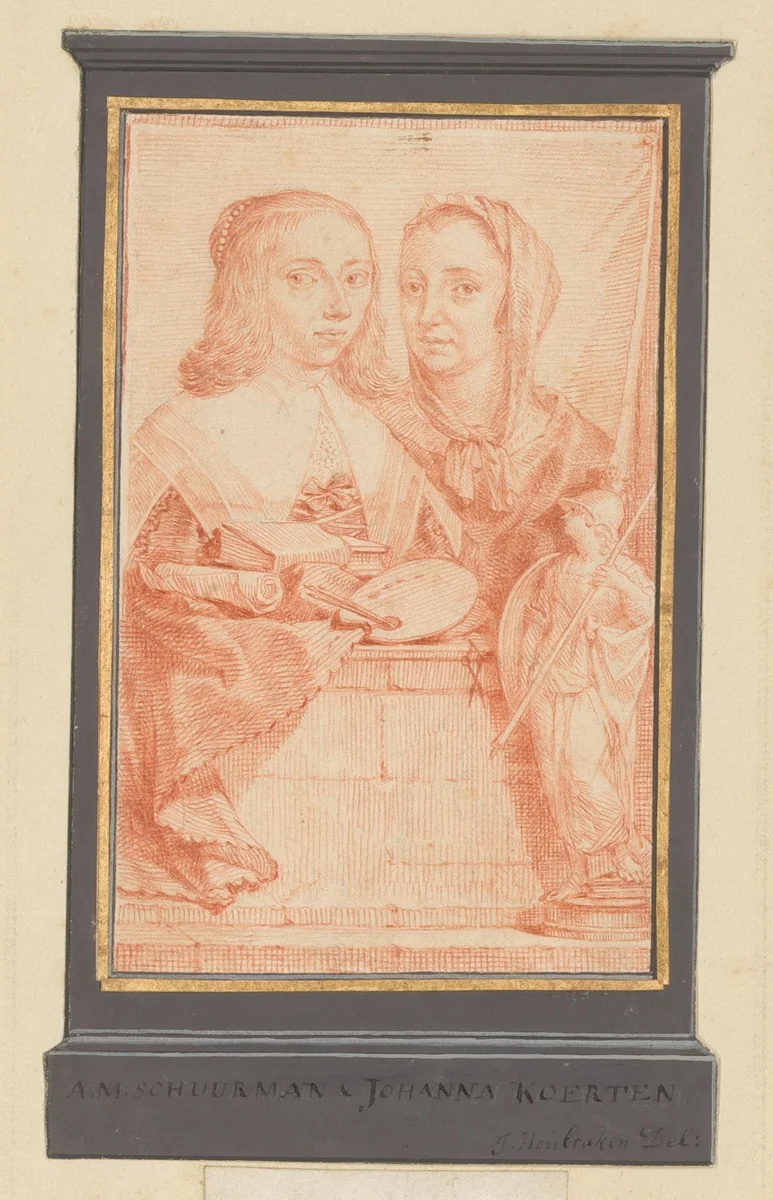Dubbelportret van Anna Maria van Schurman en Johanna Koerten by Jacob Houbraken, drawing, 1710-1750