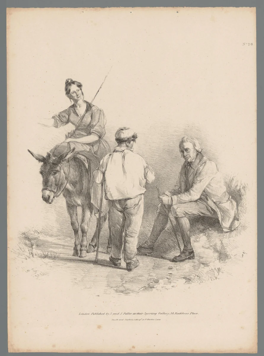 Vrouw te paard bij twee mannen by Thomas Sidney Cooper, print, 1837