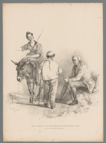 Vrouw te paard bij twee mannen by Thomas Sidney Cooper, print, 1837
