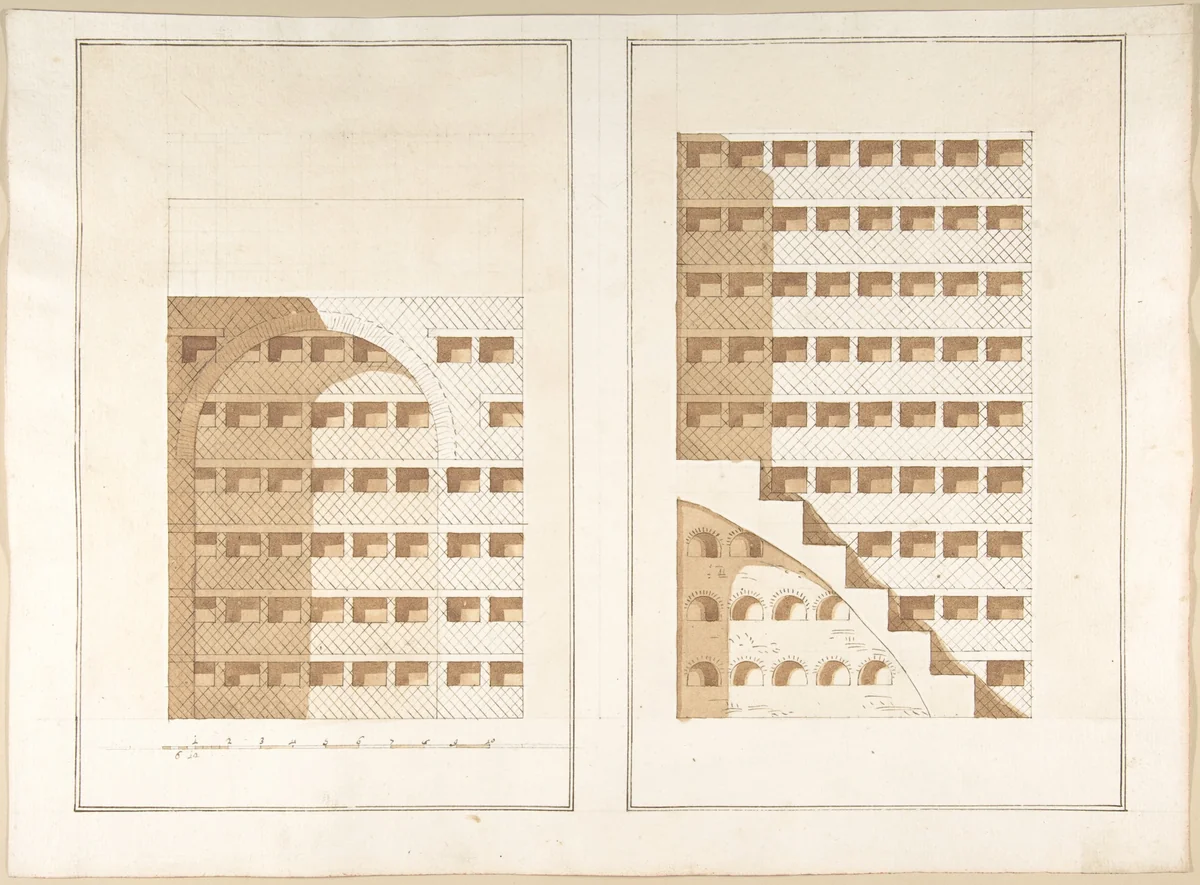 Two Sections of a Columbarium by Pietro Paolo Coccetti, drawing, 1710-1727