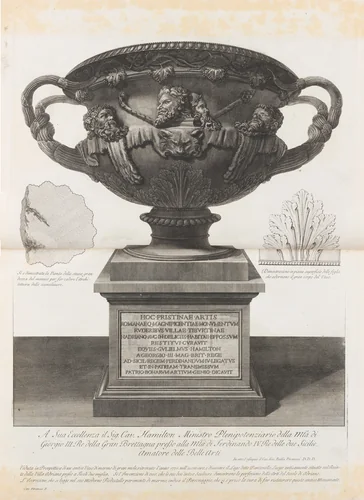 Large vase found at the Pantanello, Hadrian's Villa, Tivoli, in 1770 (The 'Warwick Vase'), from "Vasi, candelabri, cippi, sarcofagi, tripodi, lucerne, ed ornamenti antichi disegnati ed incisi dal Cav. Gio. Batt. Piranesi, Vol. I" (Vases, candelabra, grave stones, sarcophagi, tripods, lamps, and ornaments designed and etched by Cavalieri Giovanni Battista Piranesi) by Giovanni Battista Piranesi, print, 1778-1780