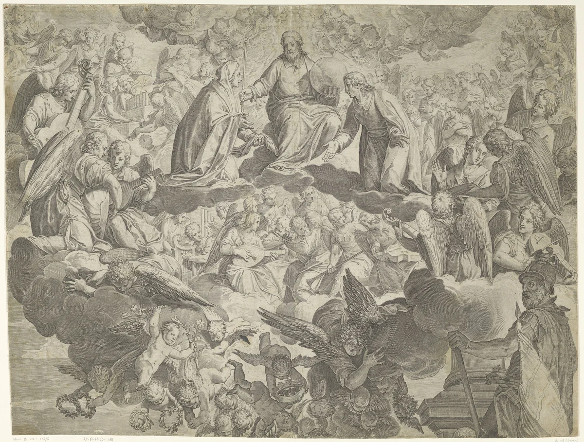 Het martelaarschap van de heilige Justina van Padua (bovenste helft) by Agostino Carracci, print, 1567-1602