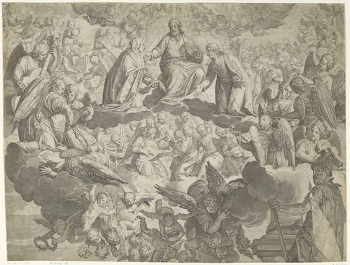 Het martelaarschap van de heilige Justina van Padua (bovenste helft) by Agostino Carracci, print, 1567-1602