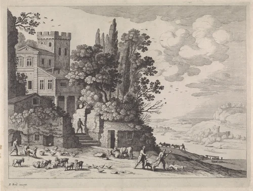 Landschap met een huis, figuren en vee by anonymous, print, 1594-1685