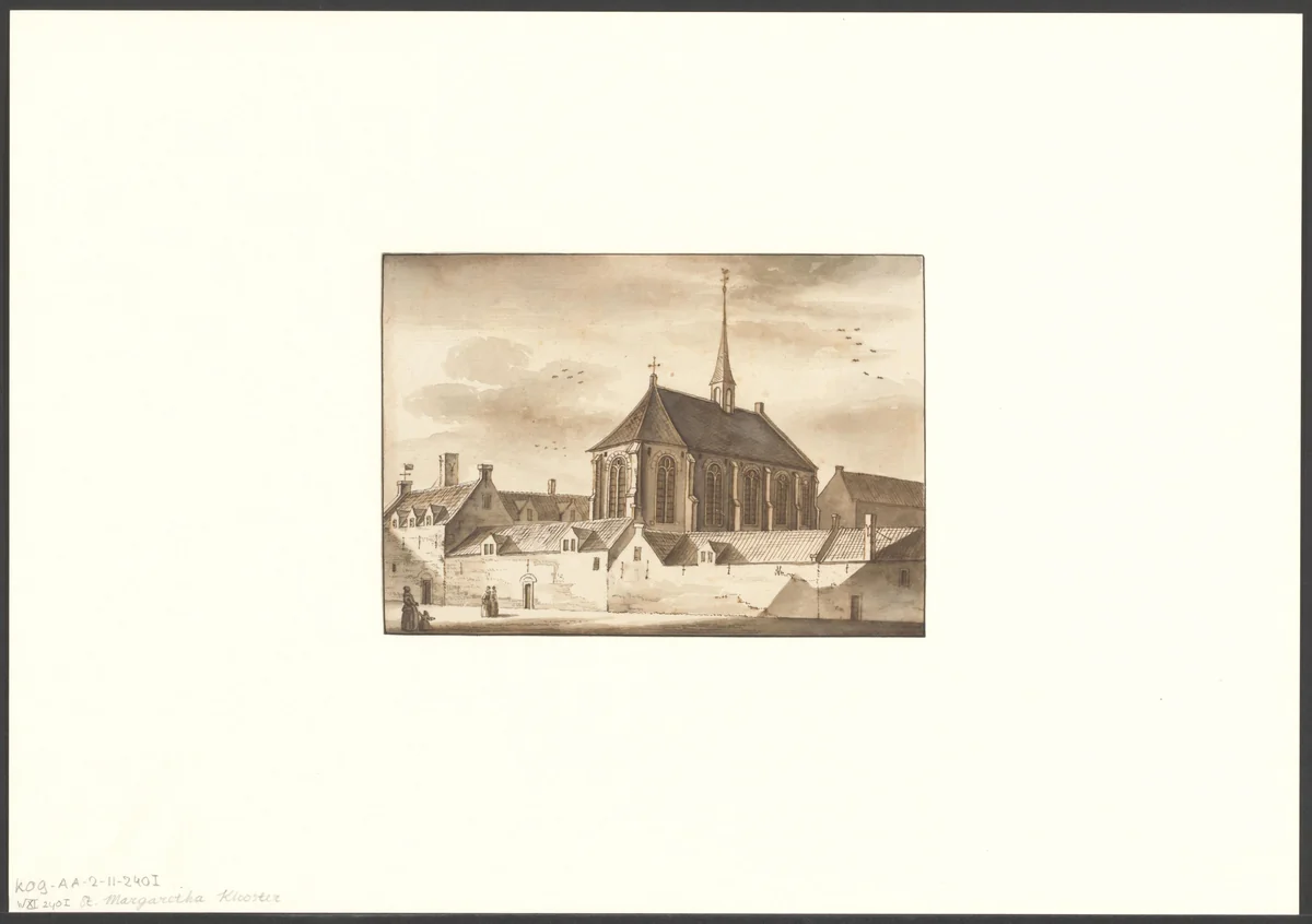 Gezicht op het Sint Margarethaklooster vanaf de Oudezijds Achterburgwal by anonymous, drawing, 1700-1799