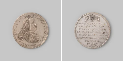 Gedenkpenning aan de schutterij van Haarlem, vereerd voor de diensten bewezen gedurende den doortocht van Prins W.C.H. Friso aldaar by Gerrit Marshoorn, metalwork, 1747