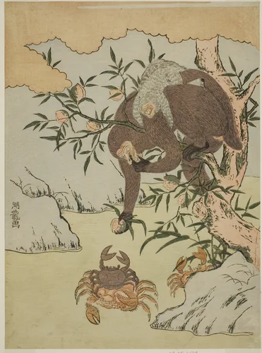 Monkey playing with crabs by Isoda Koryusai, print, 1767-1777