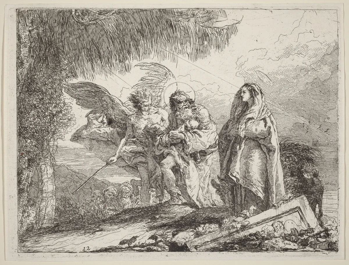 The Flight, Holy Family Walking with Angel by Giovanni Domenico Tiepolo, print, 1753