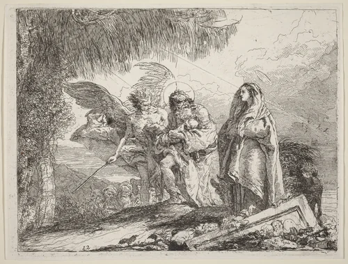 The Flight, Holy Family Walking with Angel by Giovanni Domenico Tiepolo, print, 1753