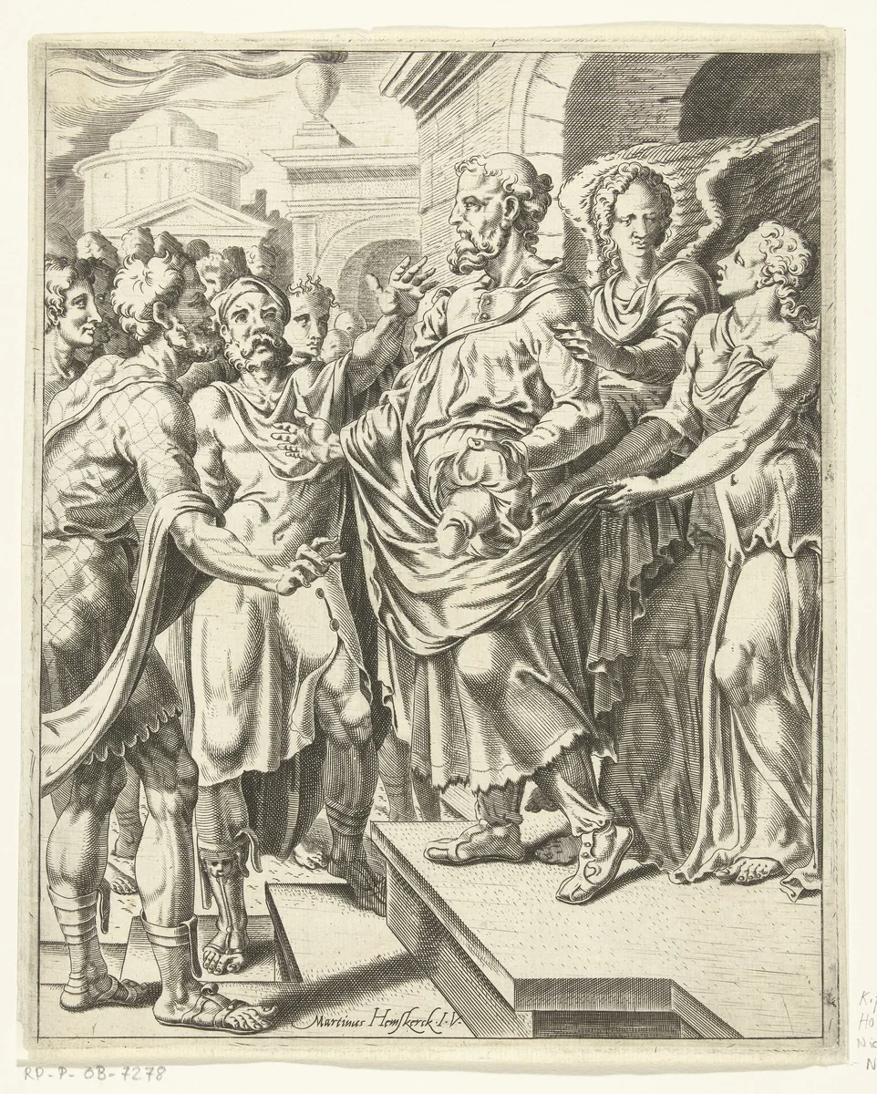 Twee engelen trekken Lot het huis in by Cornelis Bos, print, 1551