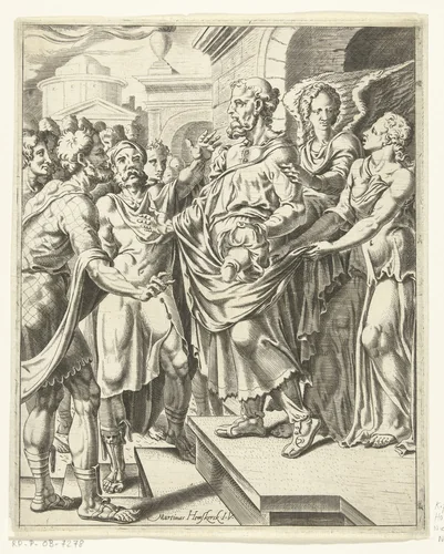 Twee engelen trekken Lot het huis in by Cornelis Bos, print, 1551