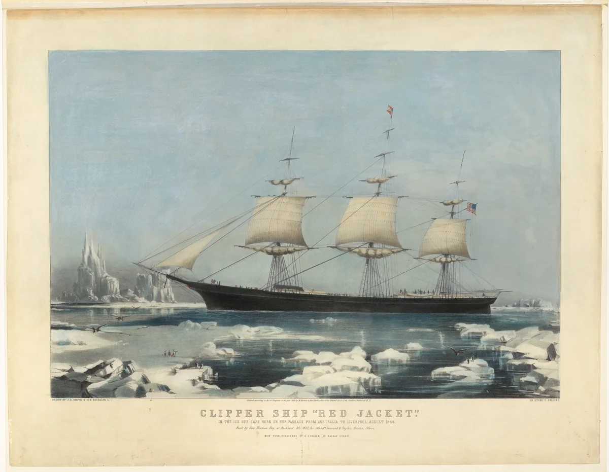 Clipper Ship "Red Jacket" – In the Ice off Cape Horn, on Her Passage from Australia, to Liverpool, August 1854 by Charles Parsons, print, 1855