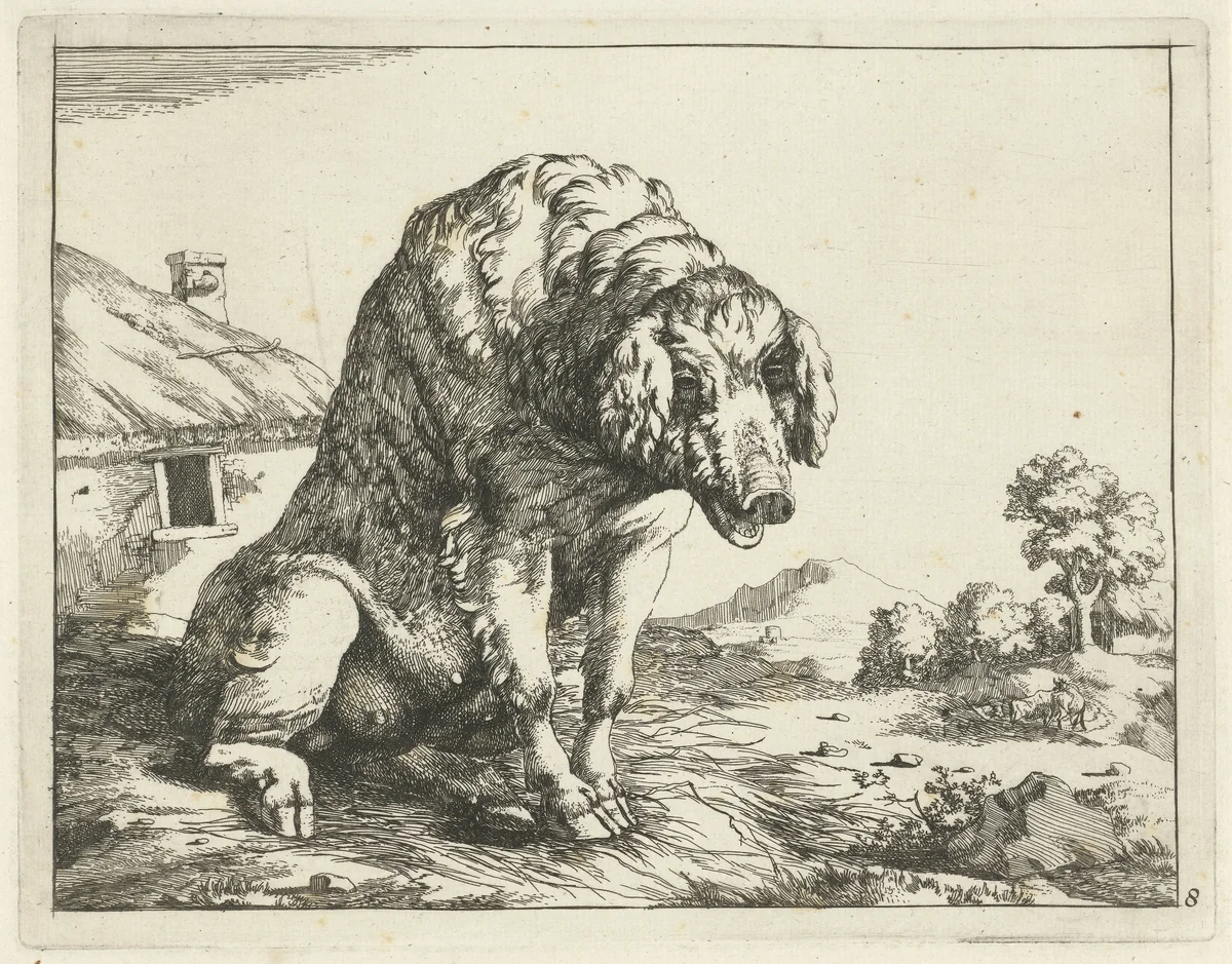 Zeug zittend op achterpoten by Marcus de Bye, print, 1657-1677