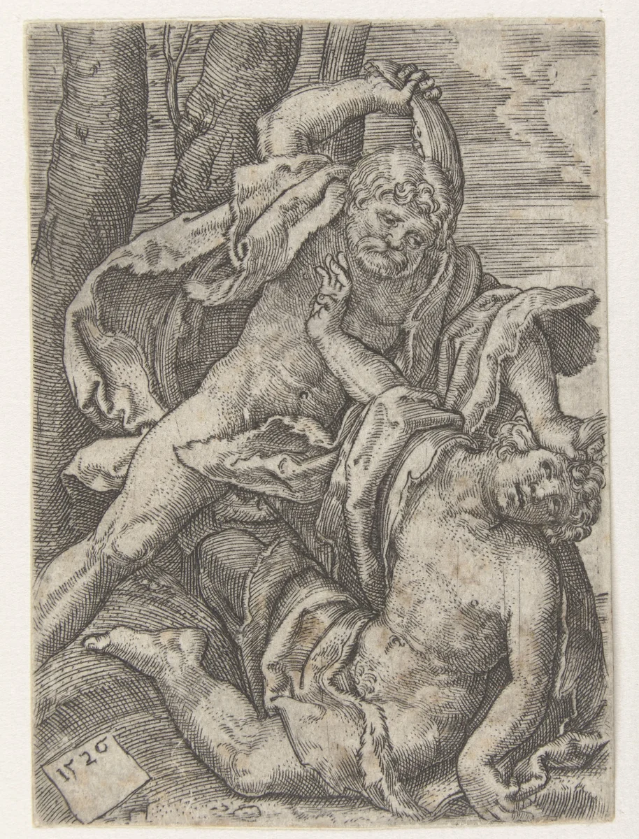 Kaïn doodt Abel by Jacob Binck, print, 1526