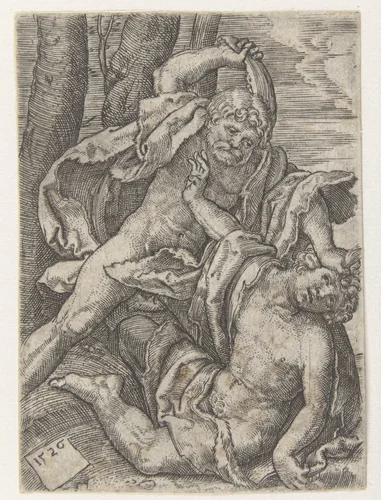 Kaïn doodt Abel by Jacob Binck, print, 1526