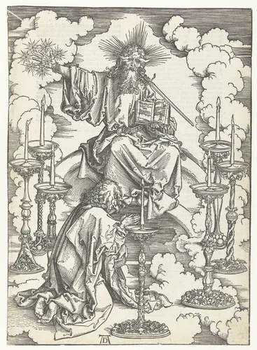 Johannes de Evangelist knielt voor Christus temidden van zeven kandelaars by Unknown, print, 1496-1498