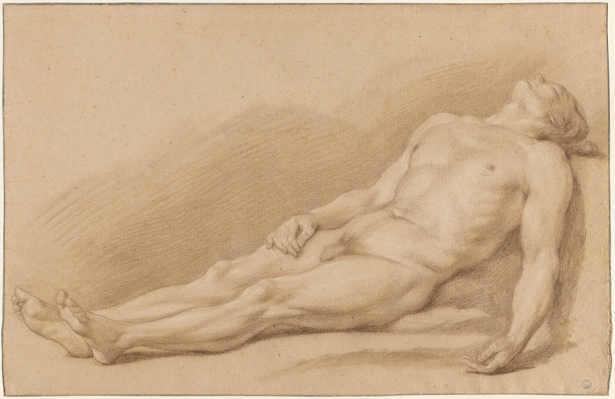 An Academy Study of a Reclining Male Nude by Antoine-Joseph Guibert, drawing, 1845-1855