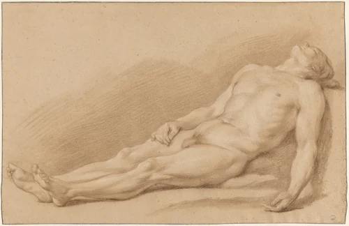 An Academy Study of a Reclining Male Nude by Antoine-Joseph Guibert, drawing, 1845-1855