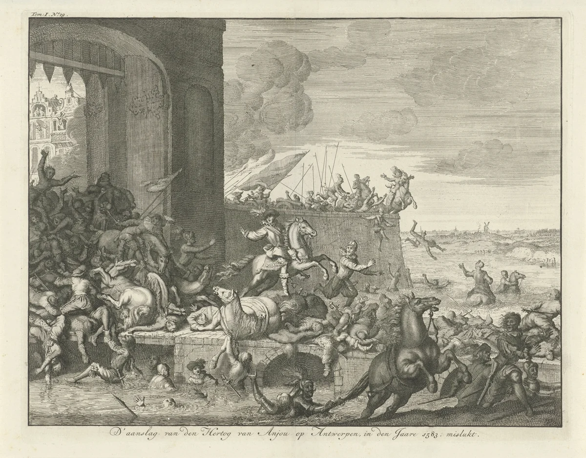Franse Furie te Antwerpen, 1583 by Jan Luyken, print, 1730-1738