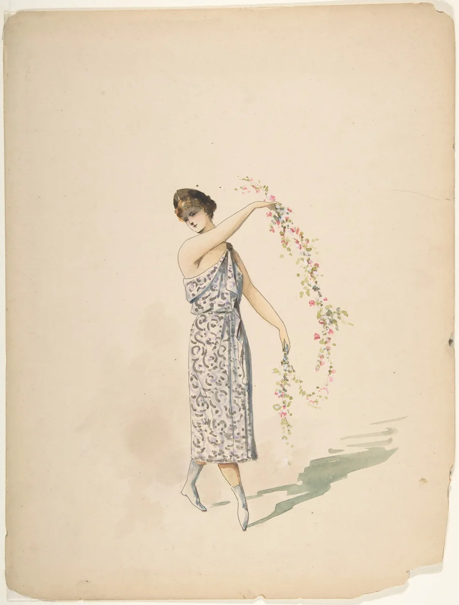 Costume Design for a Maiden Draped in White by Charles Bianchini, drawing, 1875-1905