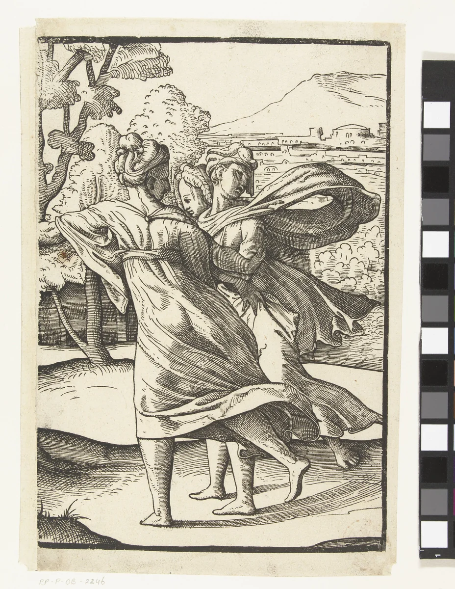 Drie rennende vrouwen by Unknown, print, 1540-1545