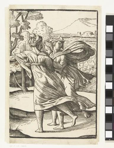 Drie rennende vrouwen by Unknown, print, 1540-1545