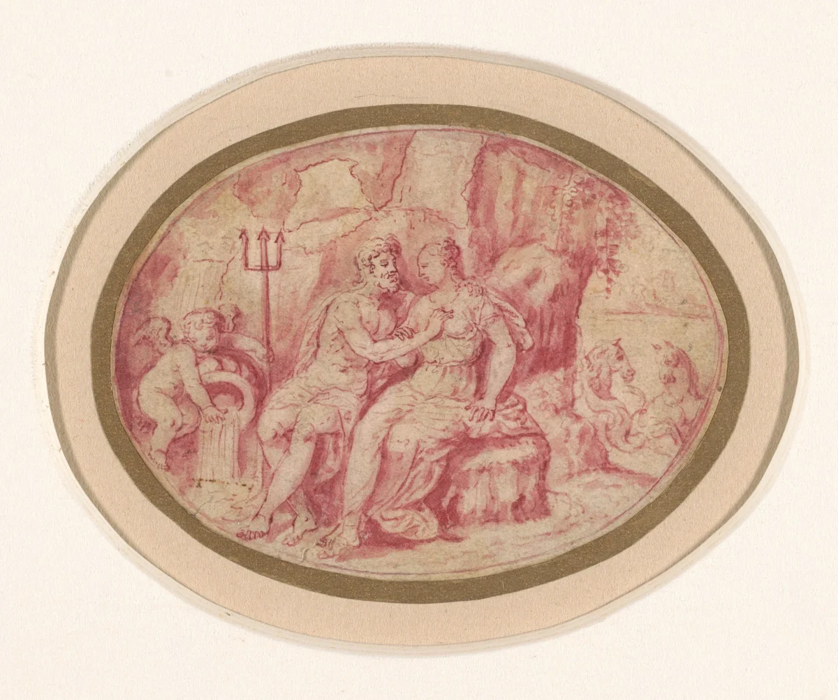 Neptunus verleidt Iphimedeia by François Chauveau, drawing, 1623-1676