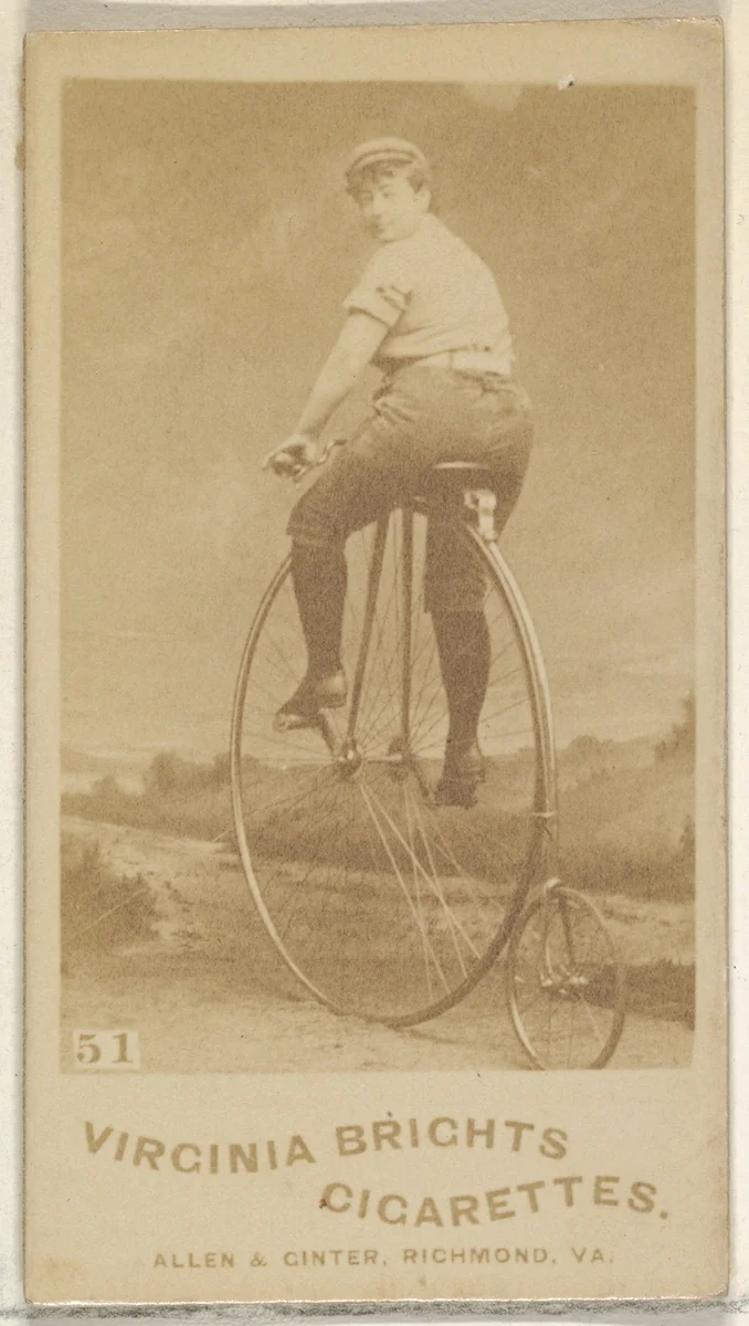 Card 51, from the Girl Cyclists series (N49) for Virginia Brights Cigarettes by Allen & Ginter, photograph, 1887