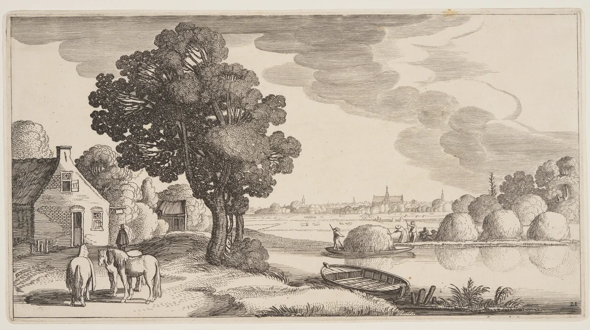 Transport of Hay on a River, from Landscapes (Playsante Lantschappen) by Claes Jansz. Visscher II, print, 1641
