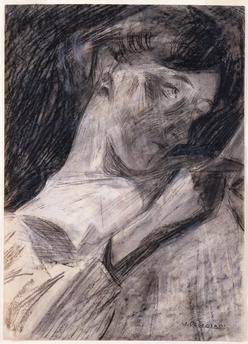 Young Woman Reading (Ines) by Umberto Boccioni, drawing, 1909-1910