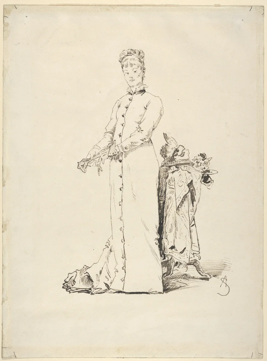 A Standing Young Lady Taking Off Her Gloves by Alfred Stevens, drawing, 1876