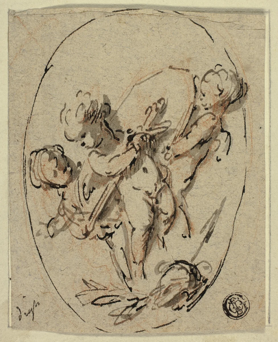 Putti with Shield and Sword by Jacob de Wit, drawing, 1715-1754