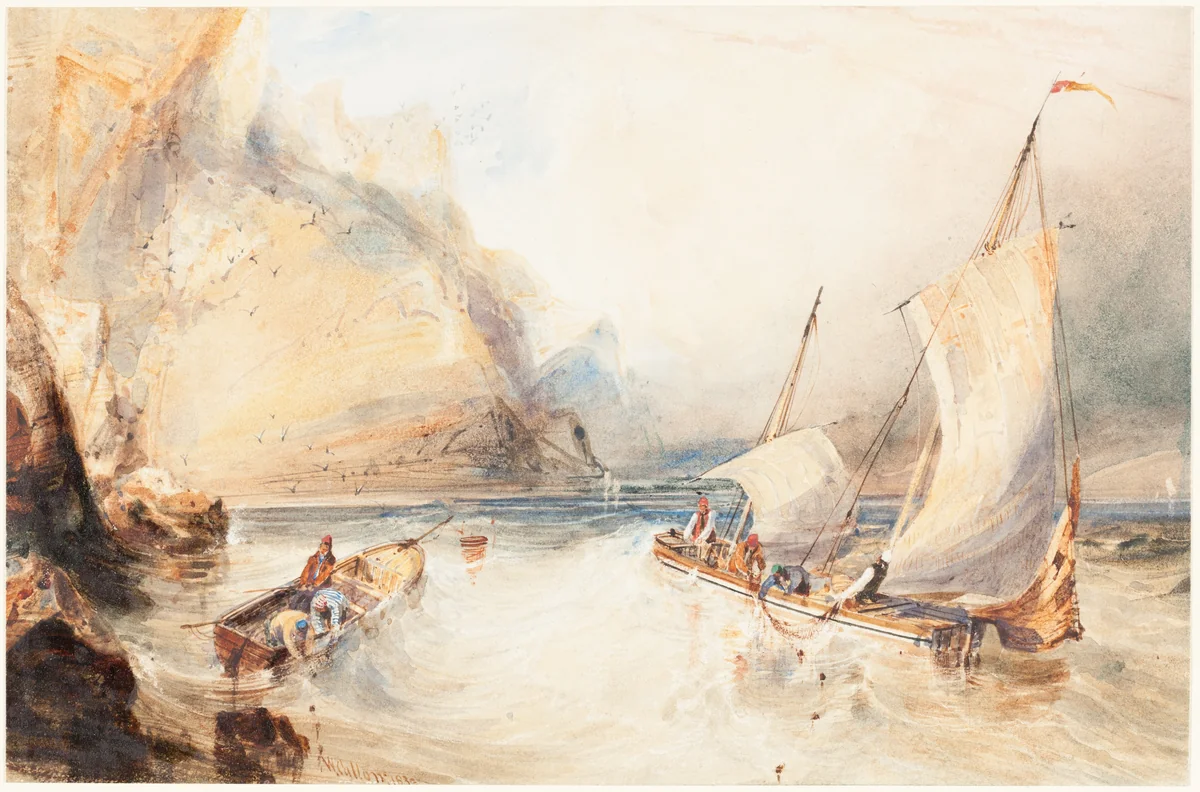 French Fishing Boats off a Rocky Coast by William Callow, drawing, 1833