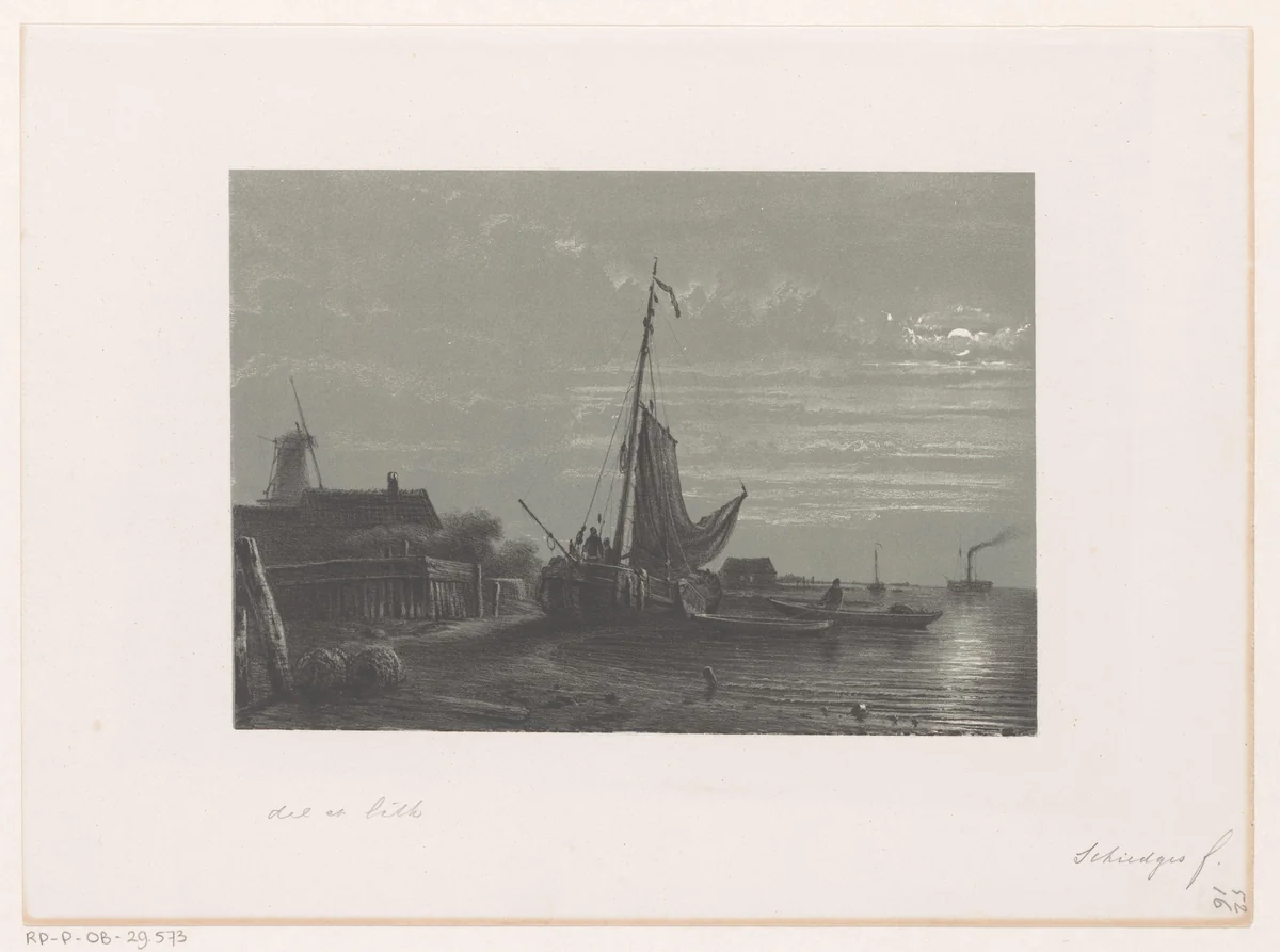 Zeilschip op het droge bij maanlicht by Petrus Paulus Schiedges, print, 1852